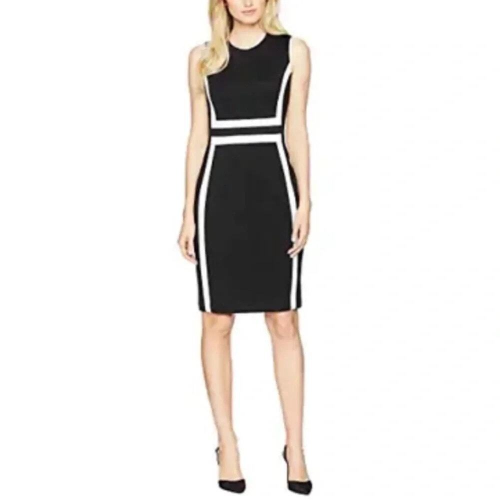 Calvin Klein Black White Color Block Scuba Sleeveless Sheath Dress Sz 6P